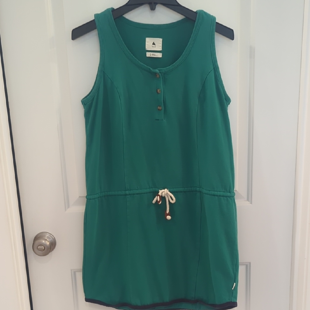 Burton Tully Knit Green  With Navy Hem Sleeveless Mini Cotton Dress Cinch Waist